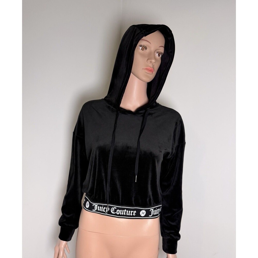 Juicy Couture Women’s S Black Velour Cropped Pullover Hoodie Logo Band Y2K